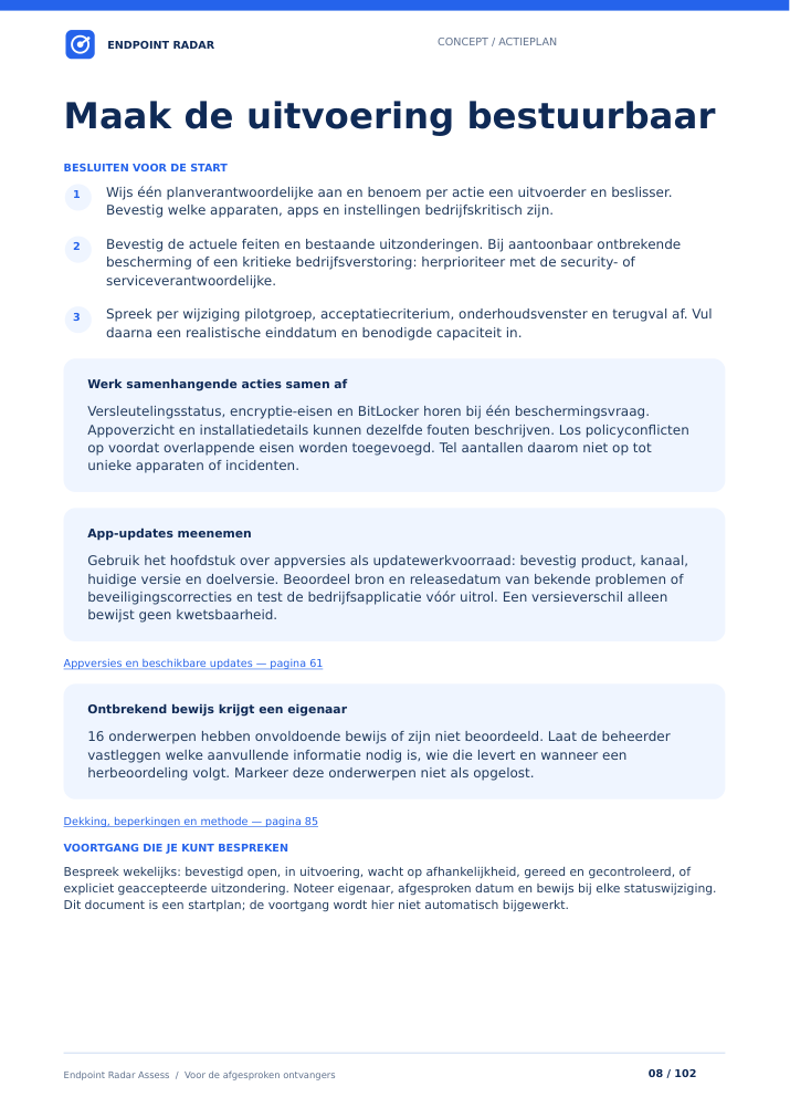 Example action plan page from the assessment report